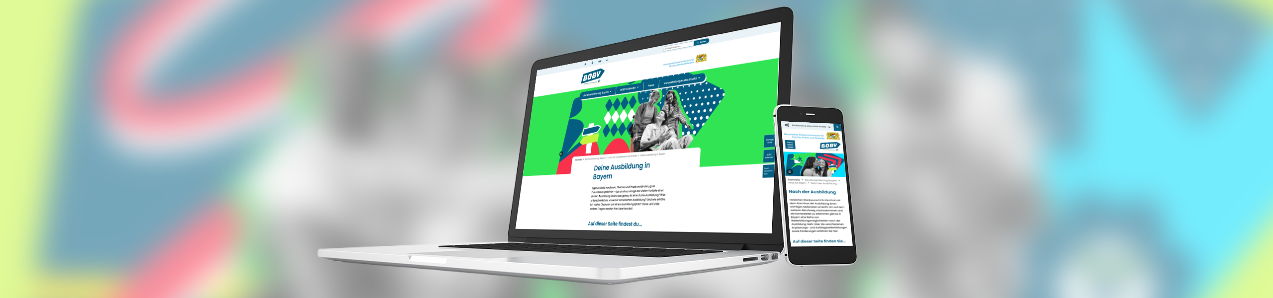 Grafik: Laptop und Smartphone zeigen Webseiten zur Ausbildung in Bayern mit farbenfrohem Design