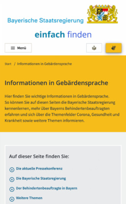 Screenshot: mobile Ansicht der Website "einfach-finden.bayern.de", Startseite "Gebärdensprache"