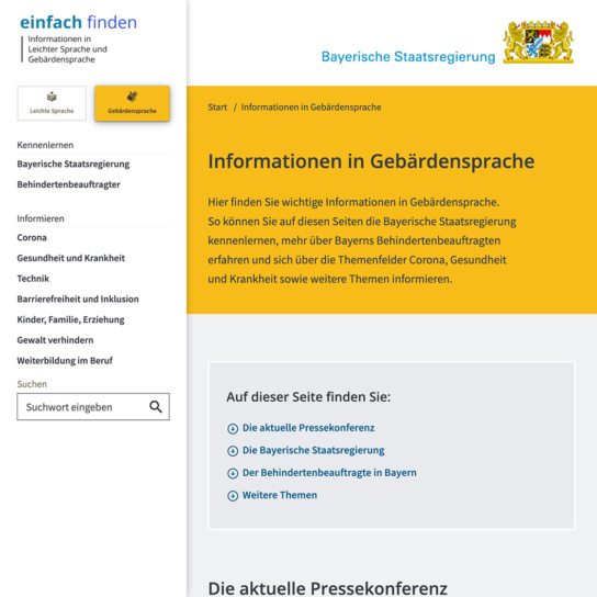 Screenshot: Startseite "Informationen in Gebärdensprache"