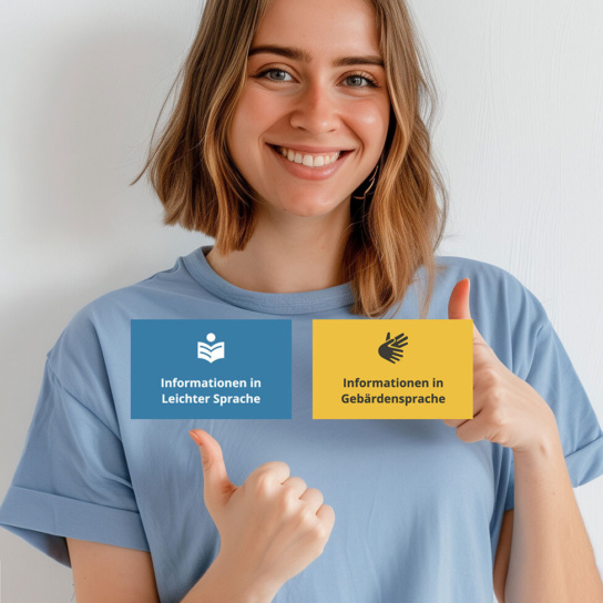 Collage: Frau zeigt ihren Daumen in die Höhe. Davor zwei Infoblöcke: Informationen in Leichter Sprache und Informationen in Gebärdensprache. Unten das Logo vom StMAS.