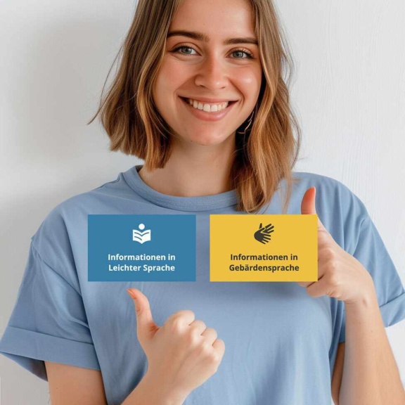 Collage: Frau zeigt ihren Daumen in die Höhe. Davor zwei Infoblöcke: Informationen in Leichter Sprache und Informationen in Gebärdensprache. Unten das Logo vom StMAS.