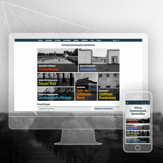 Grafik: Desktop und Smartphone mit Stiftung Brandenburgische Gedenkstaetten Website