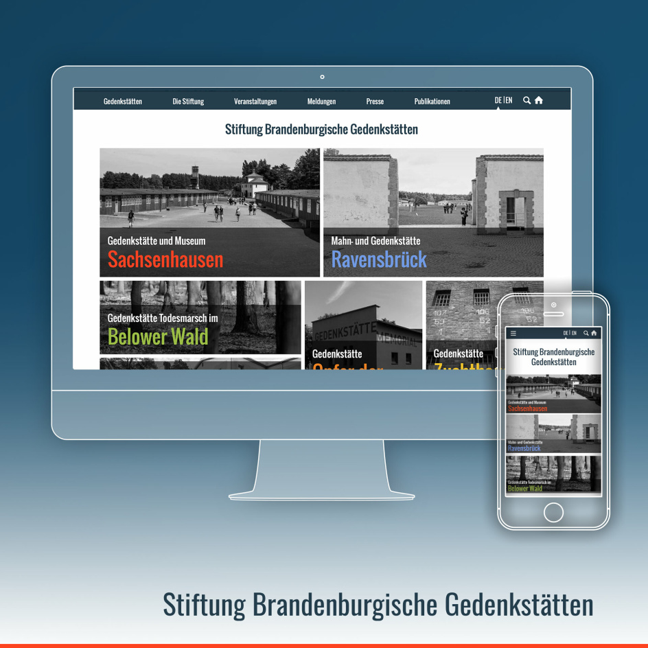 Grafik: zwei Bildschirme mit Gedenkstaetten Brandenburg Website