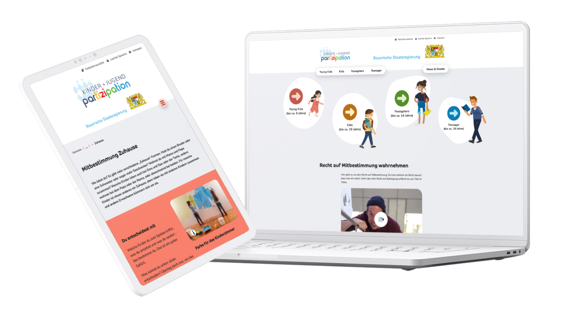 Collage: Mockup der Website partizipation.bayern.de auf Tablet und Laptop
