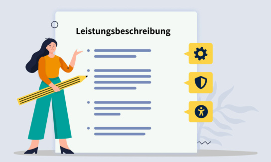 Grafik: Frau mit großem Stift in der Hand neben Liste mit Leistungsbeschreibung