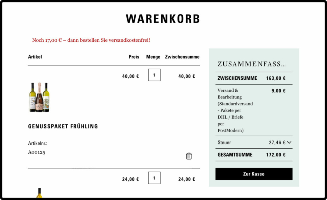 Screenshot: Ansicht Warenkorb