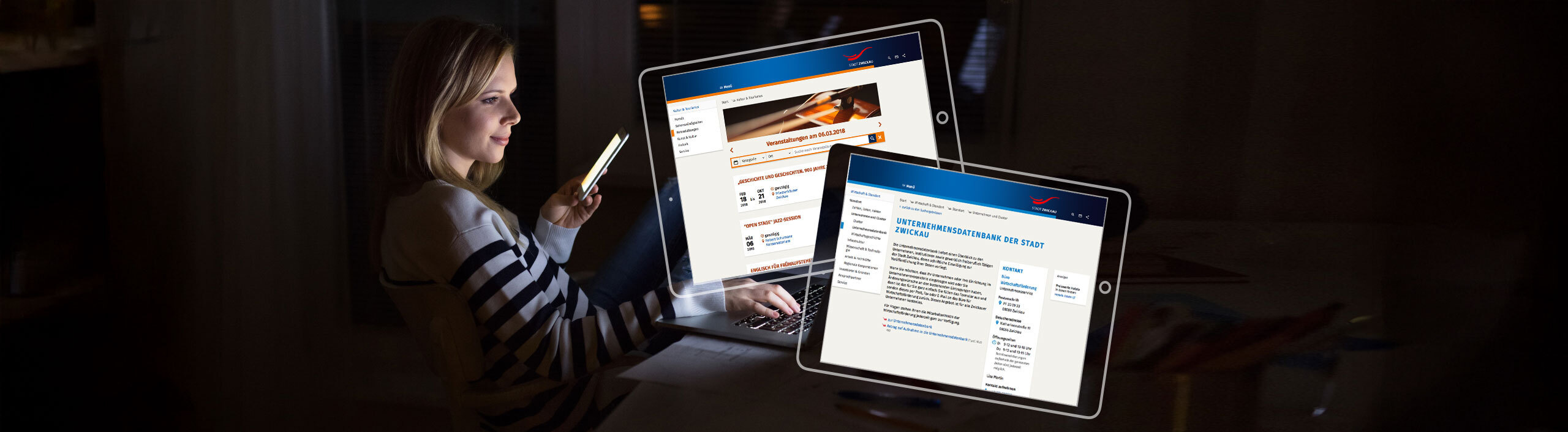 Grafik: zwei Tablets mit Zwickau Website