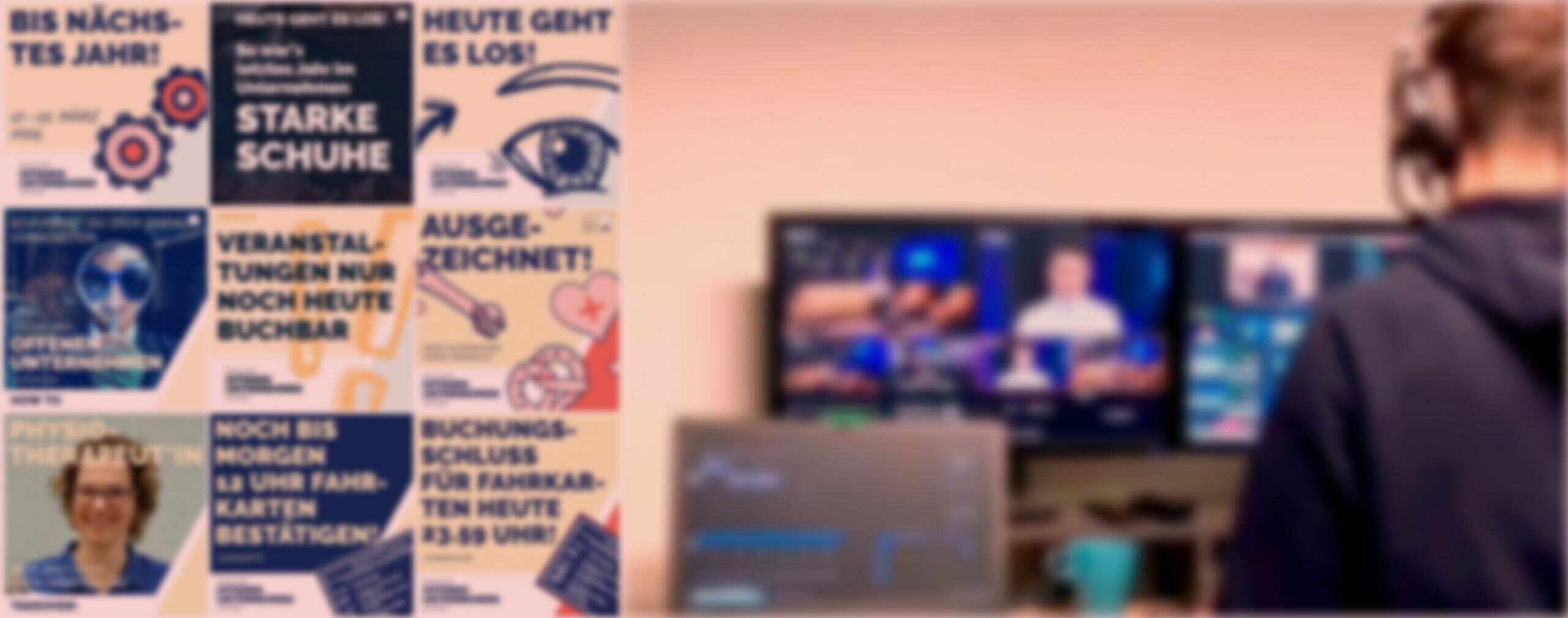Grafik: Social Media Posts und ein Aufnahmestudio