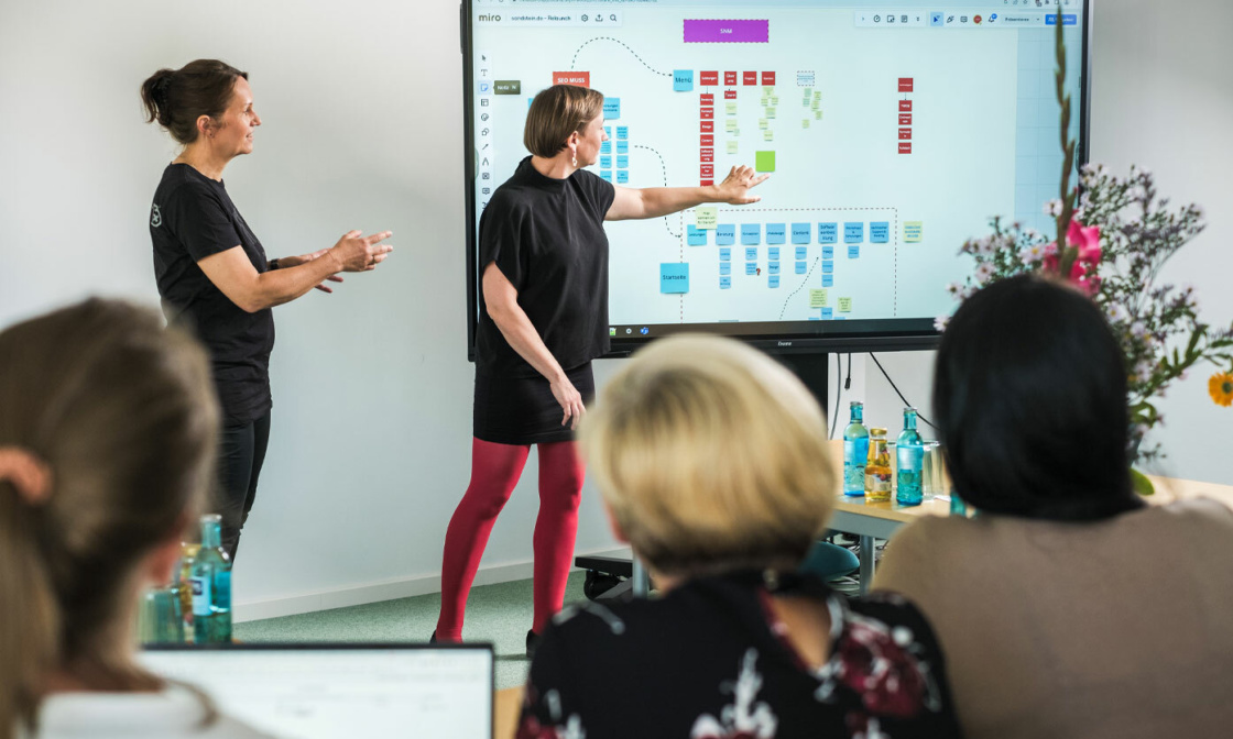 Foto: fünf Personen vor Leinwand