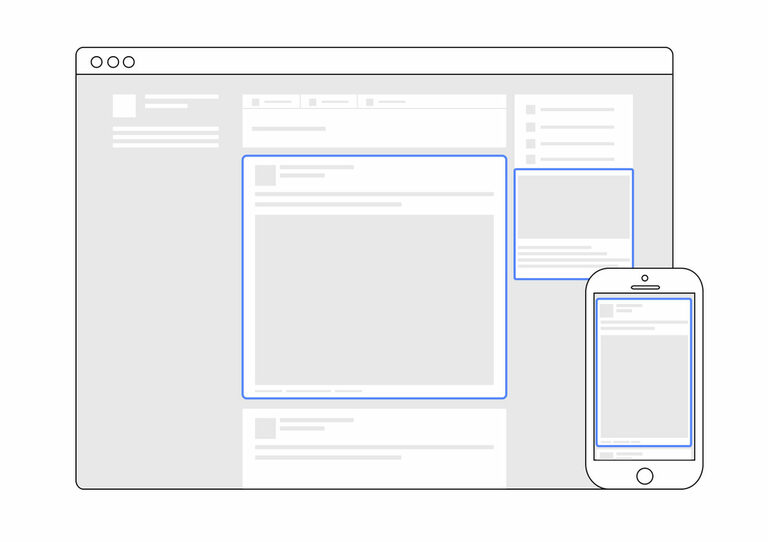 Facebook Werbung sollte passend zu Ihrem Marketingziel platziert sein. Grafik: Eine Displayansicht von einem PC und einem Smartphone.