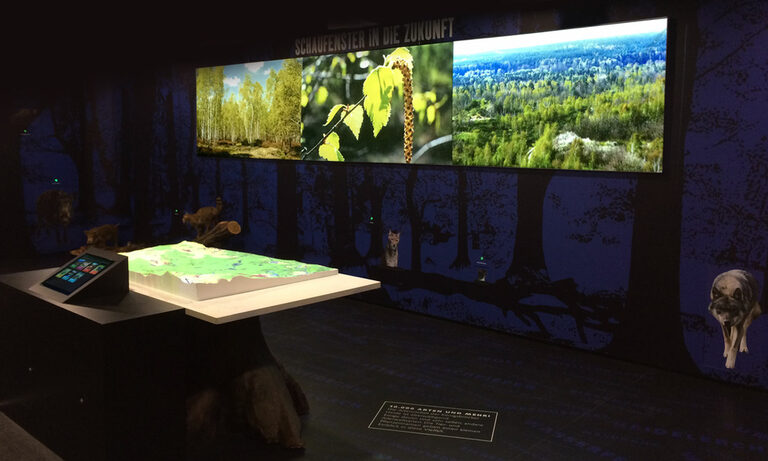 Multimedia aus Dresden: Landschaftsrelief Königsbrücker Heide Foto: Bildschirme mit Landschaft an der Wand
