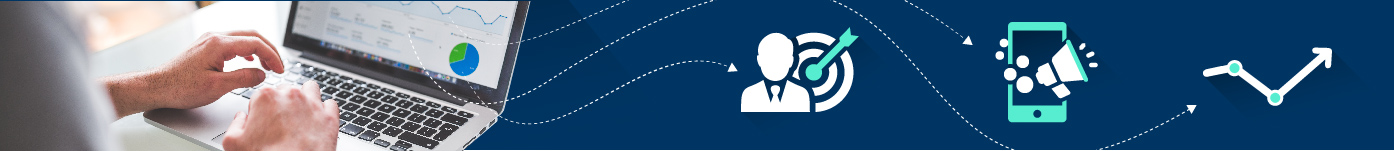 Online-Marketing Collage: Person bedient Laptop. Rechts daneben drei Icons.