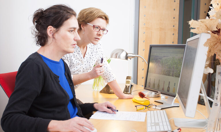 Qualitätssicherung bei Sandstein Neue Medien Foto: Zwei Frauen betrachten ein Computer-Display.