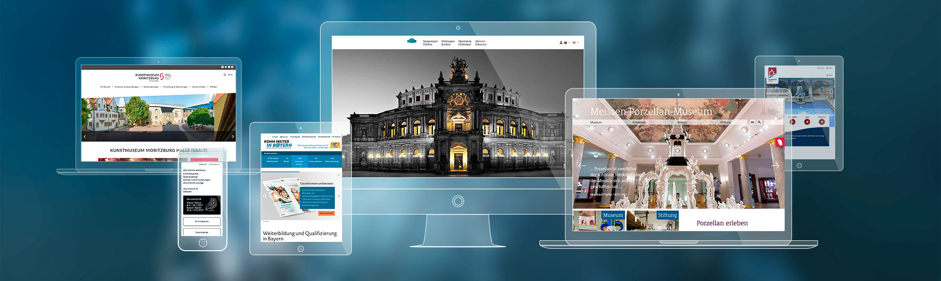 Grafik: Mehrere Display Ansichten von verschiedenen Museumswebseiten.
