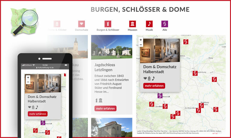 Einbindung einer interaktiven Karte für das LUA Brandenburg Grafik: Displayansichten von Webseite mit Landkarten.