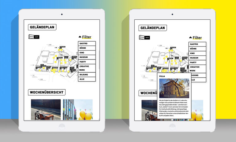 Grafik: Zwei Tablets mit Geländeplan vom Kraftwerk Mitte.