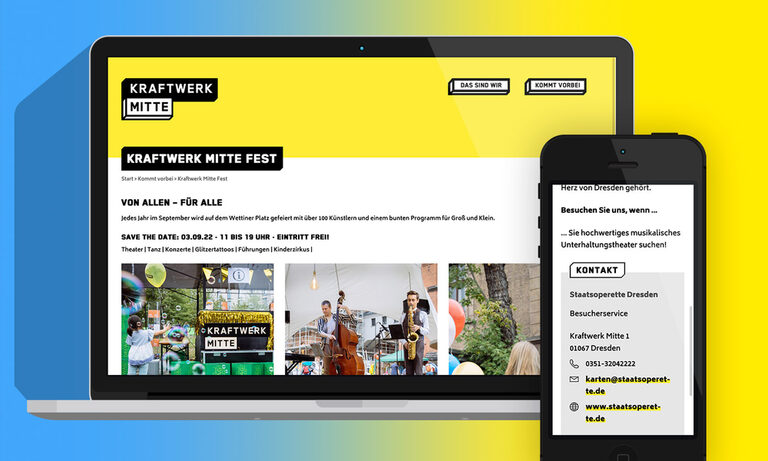 Grafik: Smartphone und Laptop mit Festen und Kontakt vom Kraftwerk Mitte.