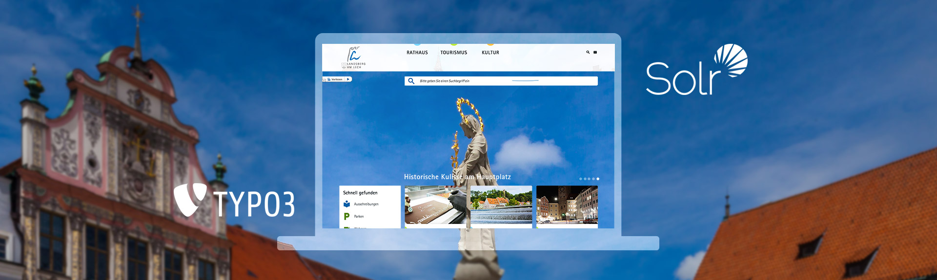 Typo3 und Solr für Stadtportal Landsberg am Lech Grafik: Laptop mit Website und Logos von TYPO3 und Solr.