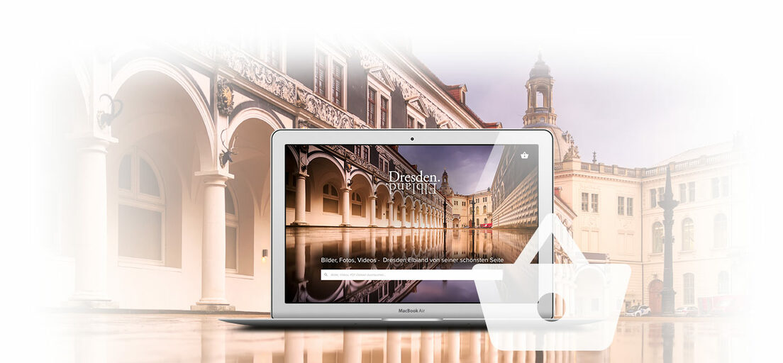 Collage: Laptop mit Webseite von "Dresden.Elbland".