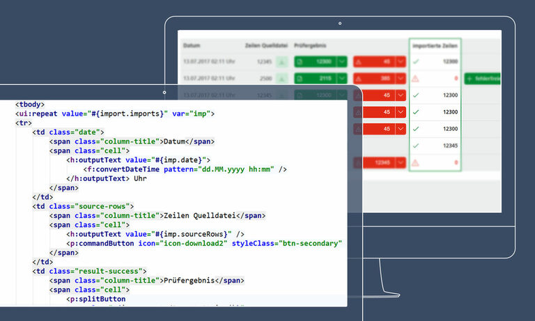 Grafik: Zwei Displayansichten mit Computercodes.