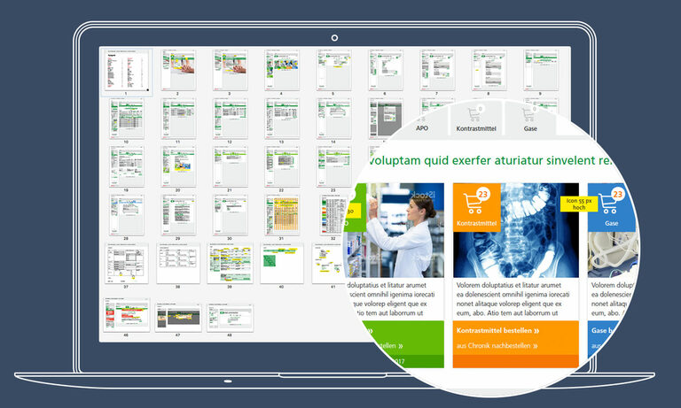 Grafik: Laptop mit vielen Webseiten-Konzepten.