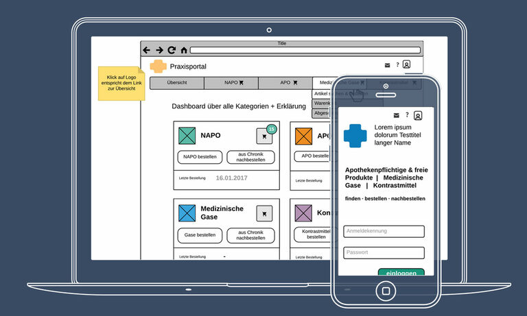 Grafik: Laptop und Smartphone mit medizinischer Webseite.