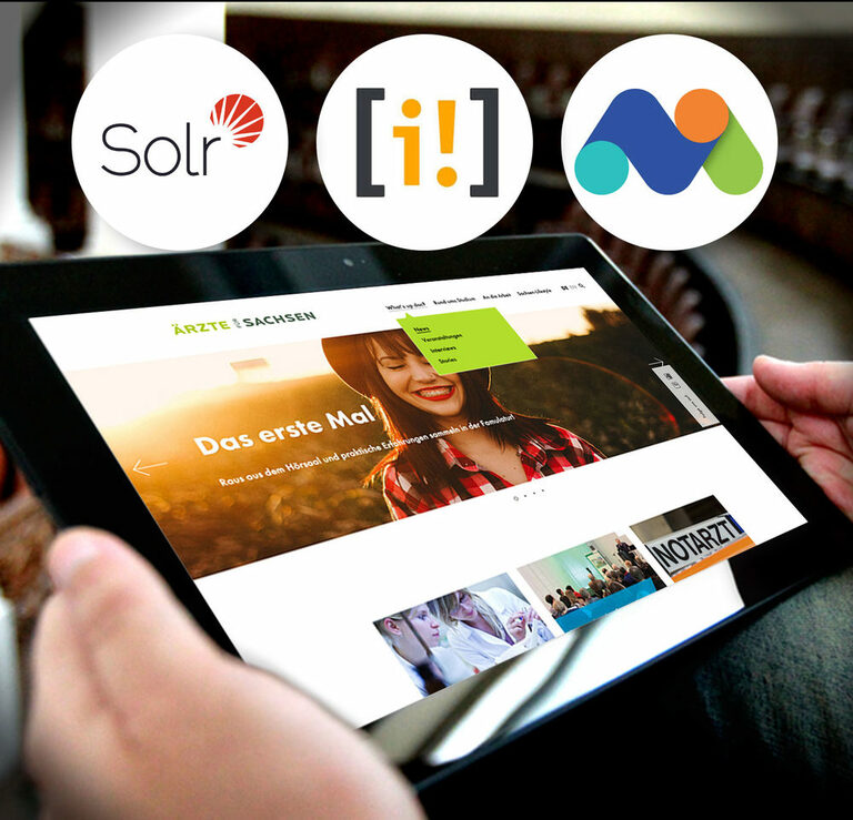 Foto: Tablet mit SLÄK-Website und Logos von Solr, InfoSite 6 und Matomo