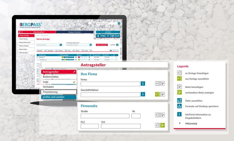 Grafik: Bildschirm mit Website und Eingabe Antragsteller im Vordergrund