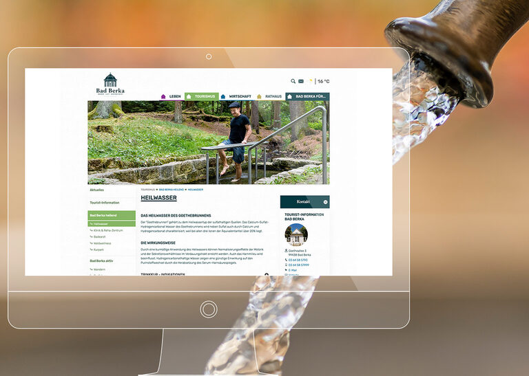 Redaktioneller Content Website Bad Berka Grafik: Tourismus-Webseite von Bad Berka. Dahinter ein Wasserstrahl.