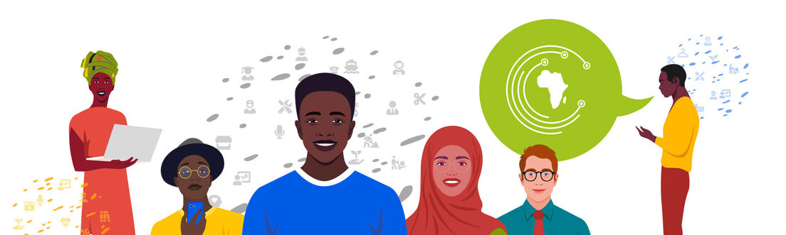Digitale Lernplattform hub4africa für das Bildungswerk der Bayerischen Wirtschaft Illustration: Verschiedene Personen in Frontalansicht