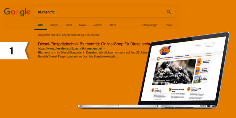 Grafik: Laptop mit Website. Dahinter Google-Suche nach „blumentritt“.