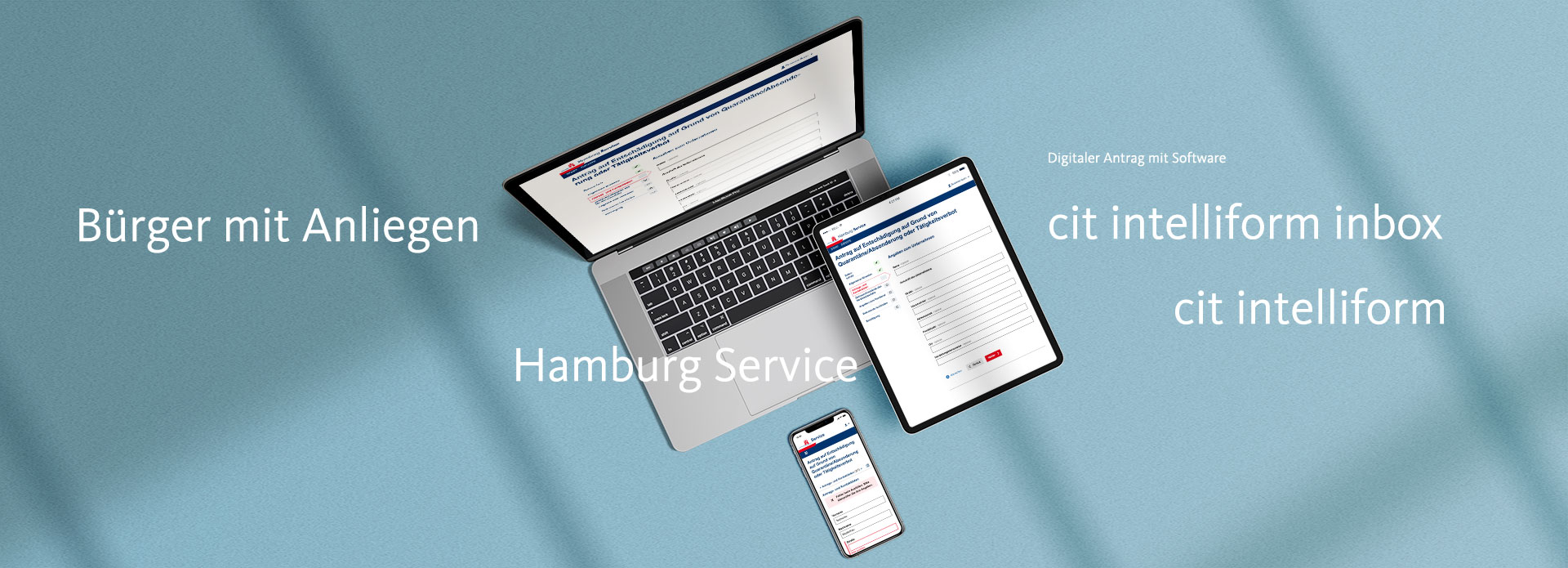 Digitale Anträge in Hamburg Grafik: Verschiedene Geräte mit digitalen Anträgen in Hamburg.