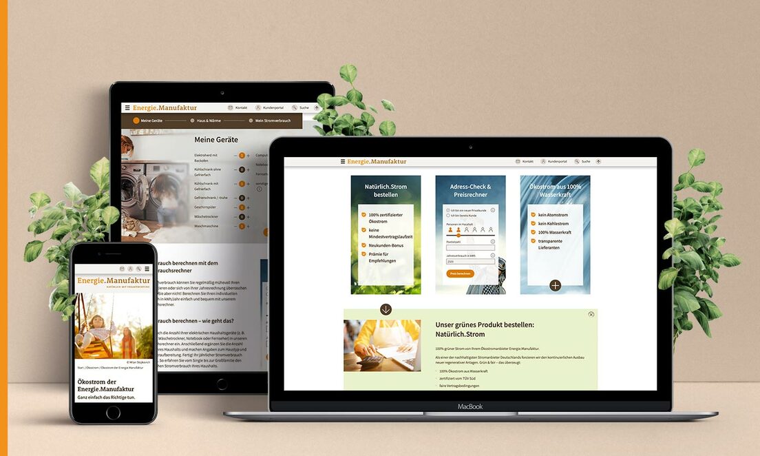 Grafik: Verschiedene Geräte mit der Website von „Energie.Manufaktur“.