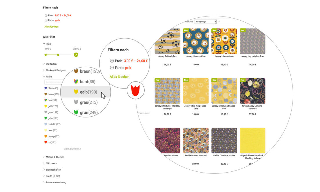 Grafik: Website Frau Tulpe mit Filtern nach Stoffen.