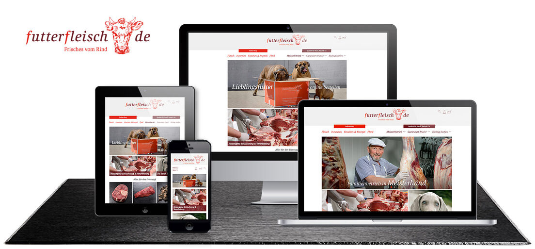 Responsive Webdesign für den Online-Shop futterfleisch.de Grafik: Mehrere Displayansichten vom Online-Shop futterfleisch.de.