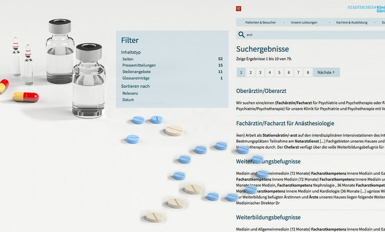 Erweiterte Suche Grafik: Webseite Klinikum Görlitz mit Suchergebnissen.
