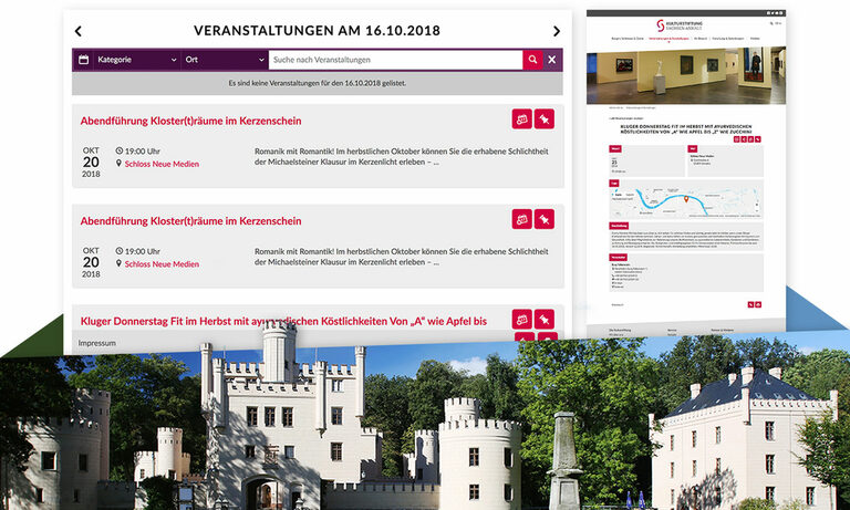 Veranstaltungskalender und Detailseite Grafik: Webseite der Kulturstiftung Sachsen-Anhalt mit Veranstaltungen.