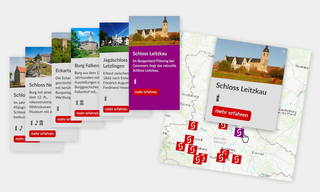 Interaktive Karte der Kultureinrichtungen Sachsen-Anhalts Grafik: Karte von Sachsen-Anhalt. Daneben Flyer von Schlössern.