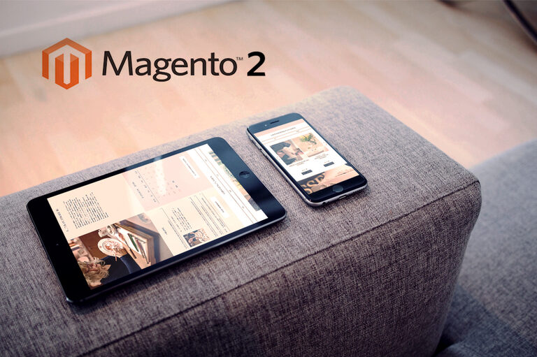 Foto: Displayansichten von Veranstaltungen. Darüber das Logo von Magento2.