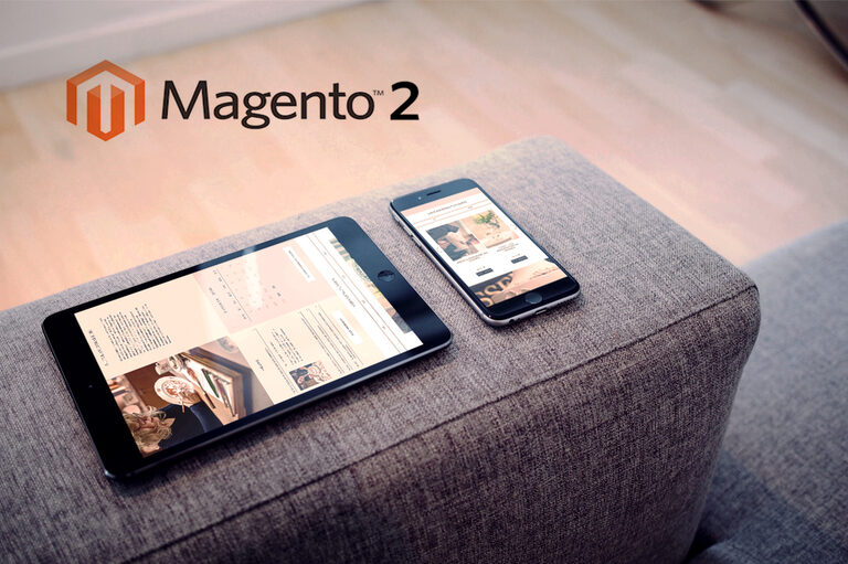 Pflege von Content und Commerce im Magento 2 Backend Foto: Displayansichten von Veranstaltungen. Darüber das Logo von Magento2.