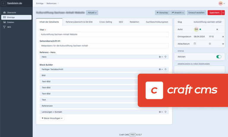 Grafik: Benutzeroberfläche von Craft CMS