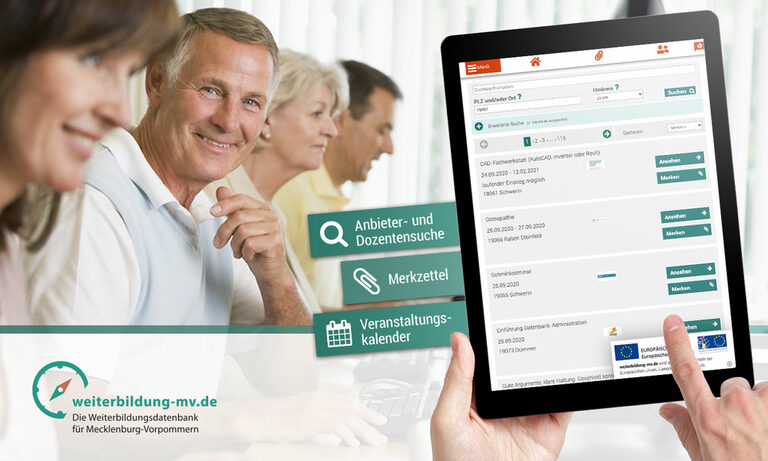 Funktionen auf weiterbildungs-markt.de Grafik: Logo von weiterbildung-mv.de, lächelnde Menschen und ein Tablet