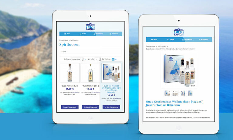 Produktansicht im Online-Shop auf einem Tablet Grafik: Tablets mit Online-Shop von Ouzoland
