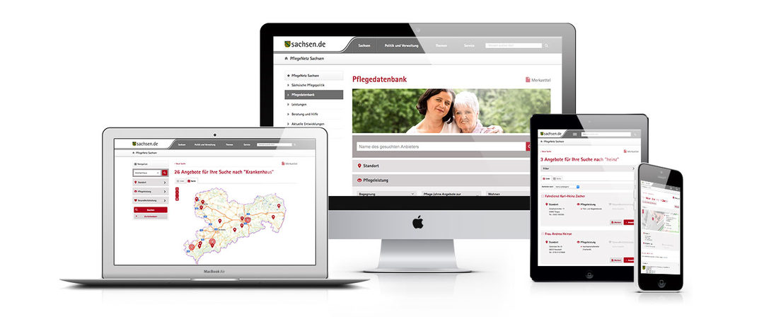 Responsiver Webauftritt für das PflegeNetz - realisiert von der Agentur Sandstein Neue Medien Im Auftrag des Sächsischen Ministeriums für Soziales und Verbraucherschutz entwickelte Sandstein Neue Medien das PflegeNetz