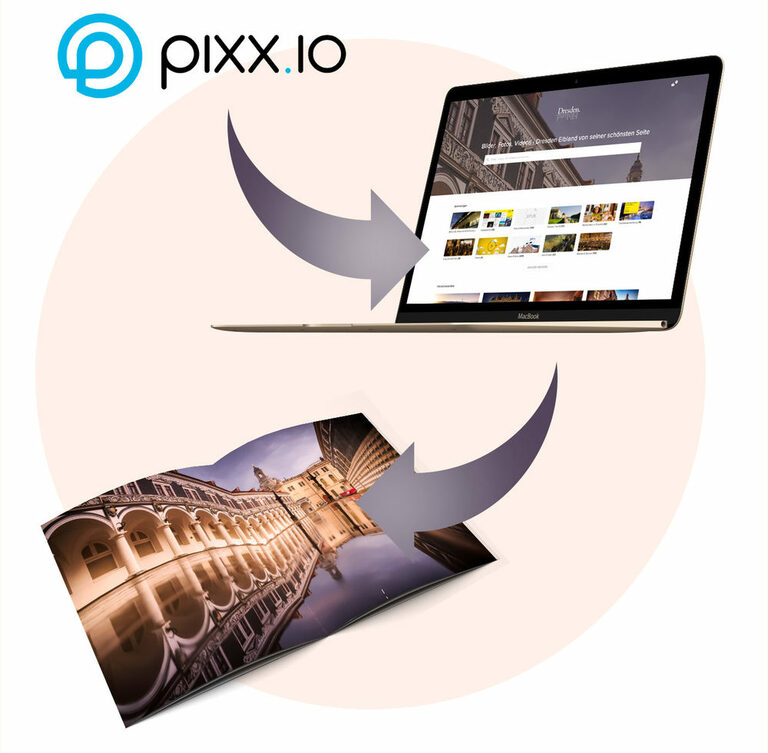 Startseite des Mediaservers der Landeshauptstadt Dresden Grafik: Laptop und Heft mit Dresden-Website. Darüber das Logo von pixxio.