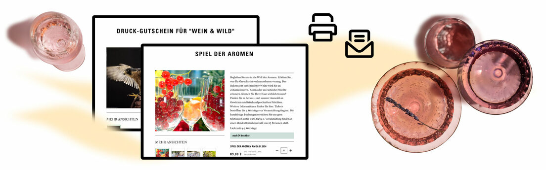 Im Online-Shop Wackerbarth nach Tickets und Gutscheinen stöbern. Grafik: Gläser von oben und Desktop Ansicht von shop.schloss-wackerbarth.de
