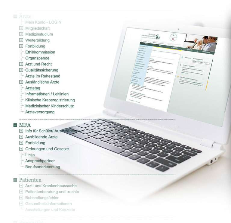 Seitenansicht der Sächsischen Landesärztekammer Grafik: Laptop mit Website