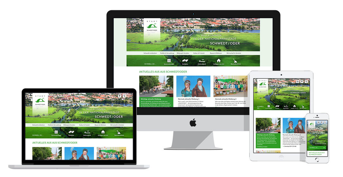 Responsives Webdesign für die Internetseite der Stadt Schwedt/ Oder Grafik: Ausgabegeräte mit Website der Stadt Schwedt/ Oder