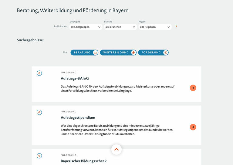 Grafik: Suchergebnisse in Listenform des Weiterbildungslotsen