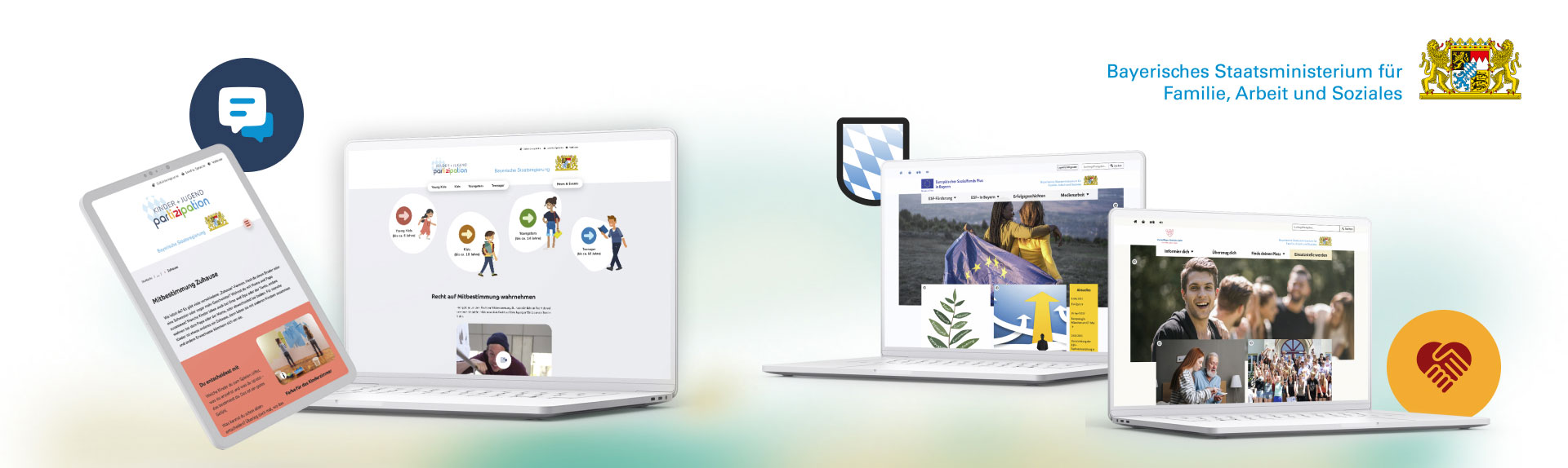 Rahmenvertrag mit dem Bayerischen Staatsministerium für Familie, Arbeit und Soziales (StMAS) Grafik: Verschiedene Ausgabegeräte mit Webseiten des StMAS